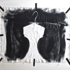 £1100, 'Shirt#1', Oil, acrylic, graphite, wire hanger, waxed cotton thread, gaffer tape on canvas, on plywood. H 90cm x W 110cm x D 2cm