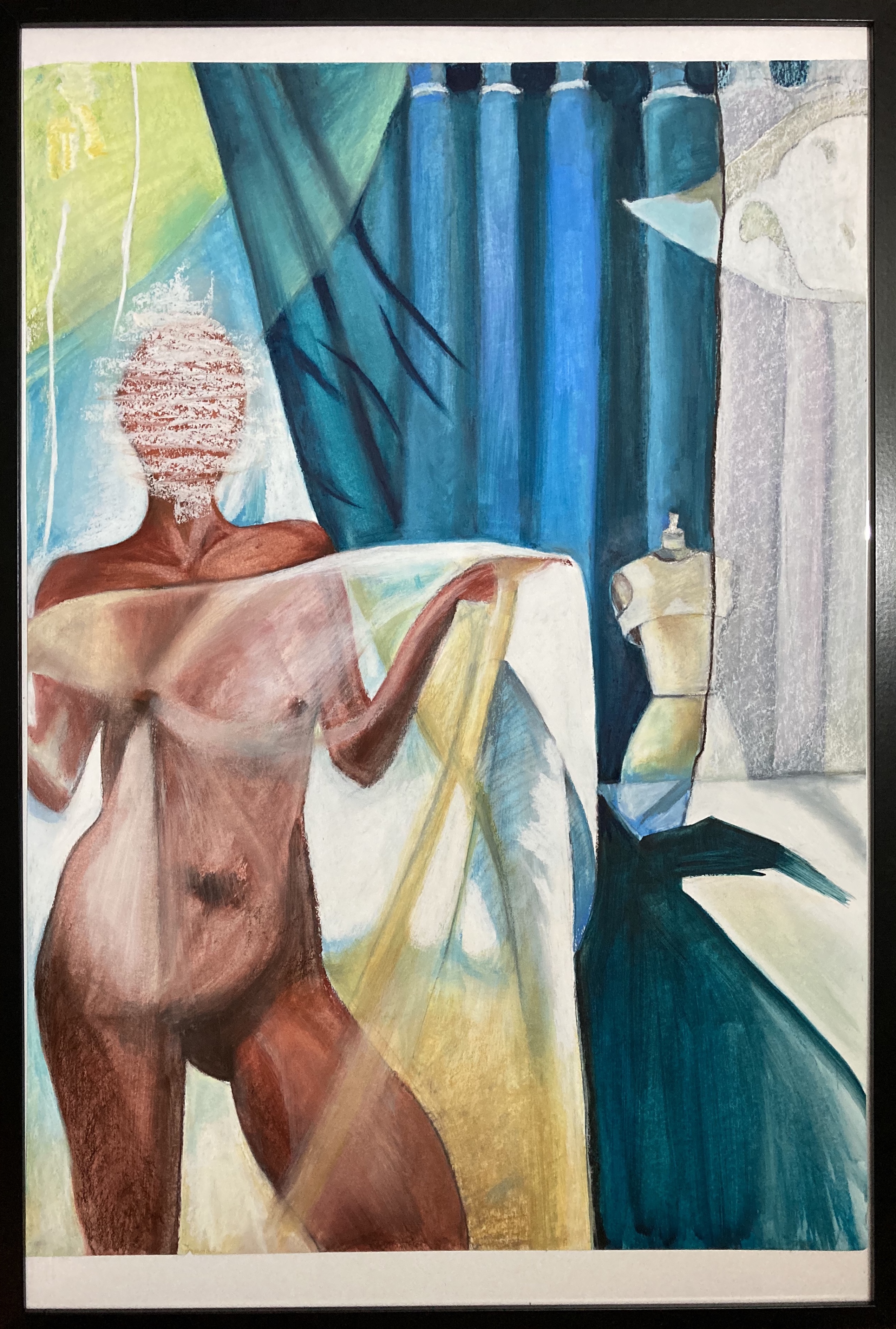 Oil pastel painting, female form, dress stand, blue and transparent draped fabric. semi abstract