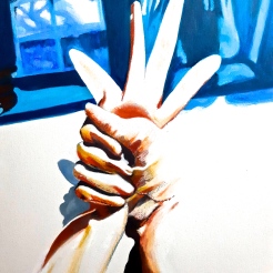£600,'Hand in Glove in Hand', Glove', 2022, Oil and charcoal on 75cm x 55cm 425gsm watercolour paper.